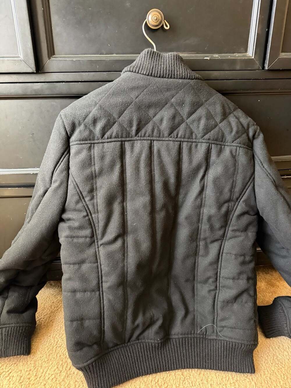 Guess Men's Black Quilted Bomber Jacket with Rib-Knit Trim